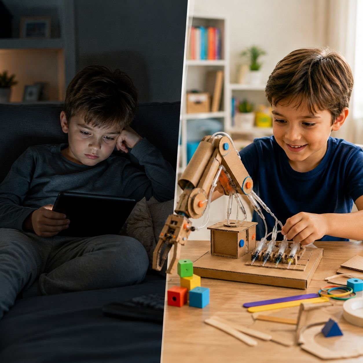 Avant et après : enfant avec un écran et enfant en train de faire une activité