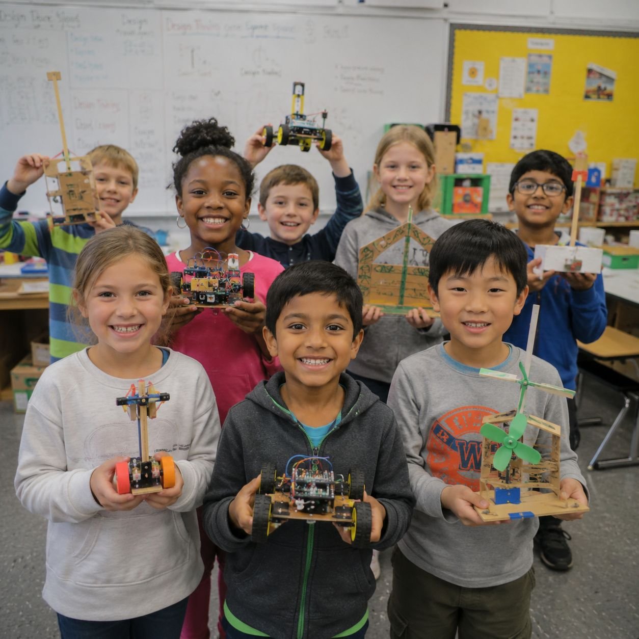Enfant fier tenant le projet qu'il a construit